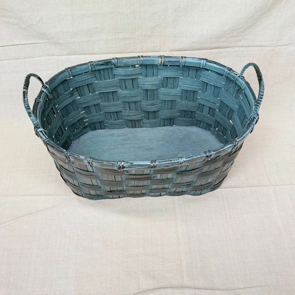 Vintage Dark Green Wicker Storage Basket Oval Handled Basket Cottage Decor